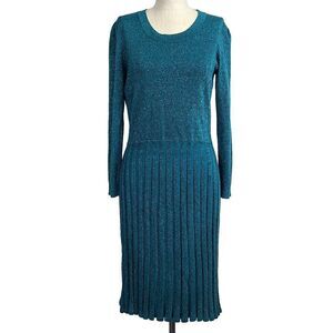 Draper James Dress M Green Knit Shimmer Pleated Long Sleeve Occasion Cocktail